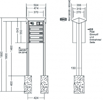 RENZ Briefkastenanlage freistehend, PRISMA, Edelstahl V4A, Kastenformat 370x110x270mm, mit Klingel - & Lichttaster und Vorbereitung Gegensprechanlage, 4-teilig, zum Einbetonieren